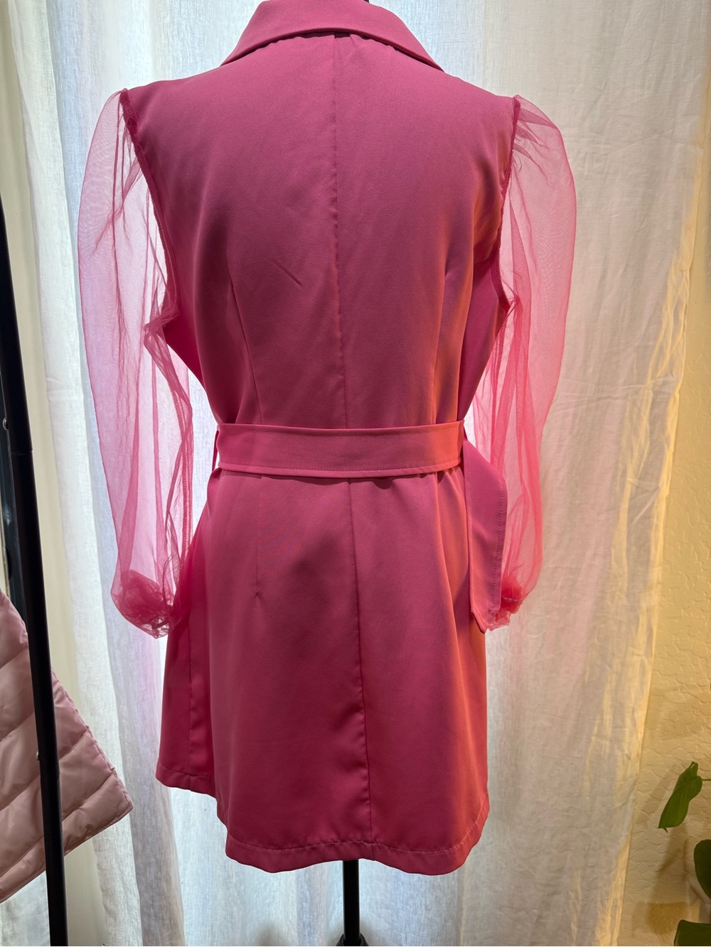 SHEIN Pink Blazer Dress Sheer Mesh Sleeves Belted Double Breasted Size Large - Picture 4 of 4